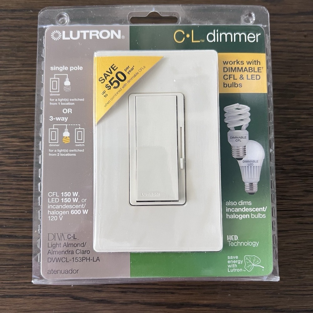Lutron DVWCL-153PH-LA 150W Dimmer‎ Switch with Wallplate - Light Almond NEW